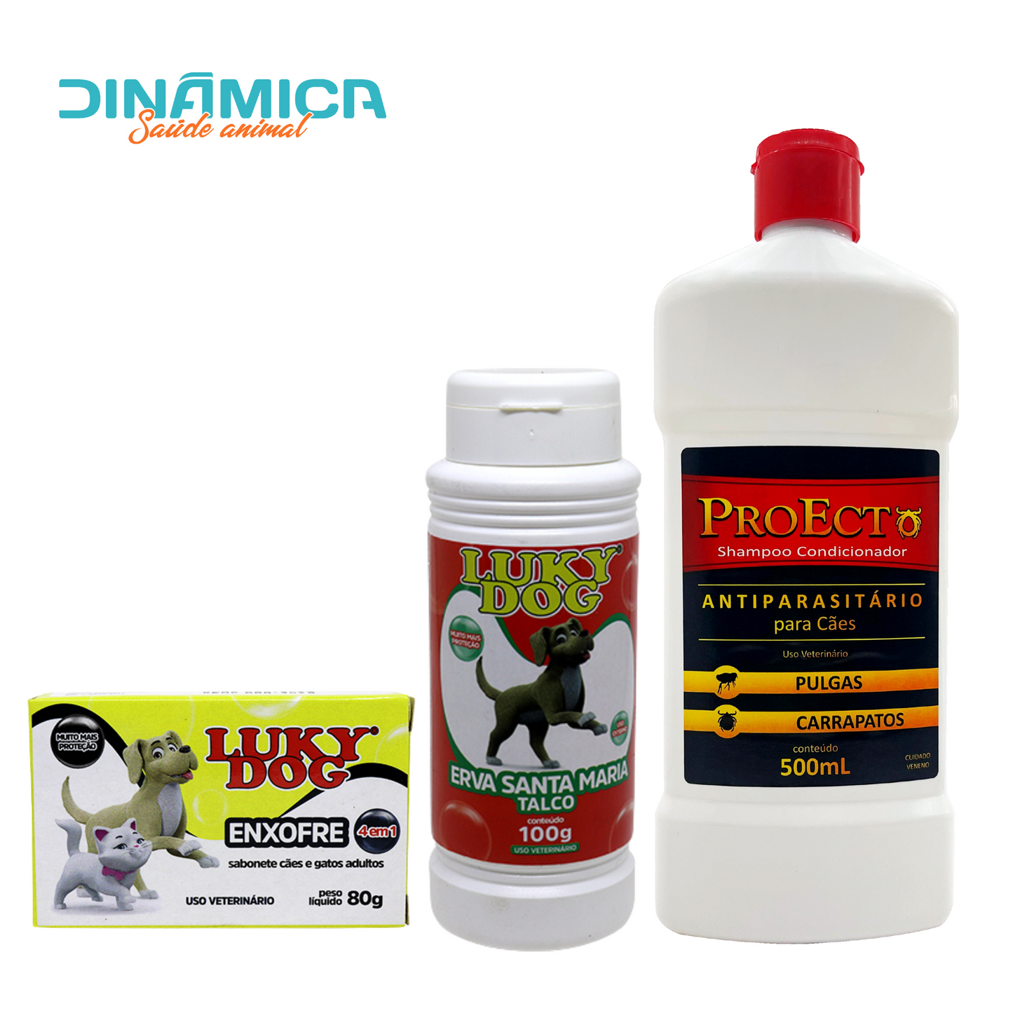ProEcto 500 ml / Sabonete Luky Dog Enxofre 80 gr. / Talco Luky Dog Erva Santa Maria 100 gr.